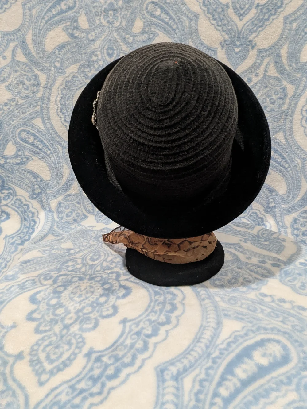 Black Velvet Cloche Hat with Tan Snakeskin Scarf - Women Accessories
